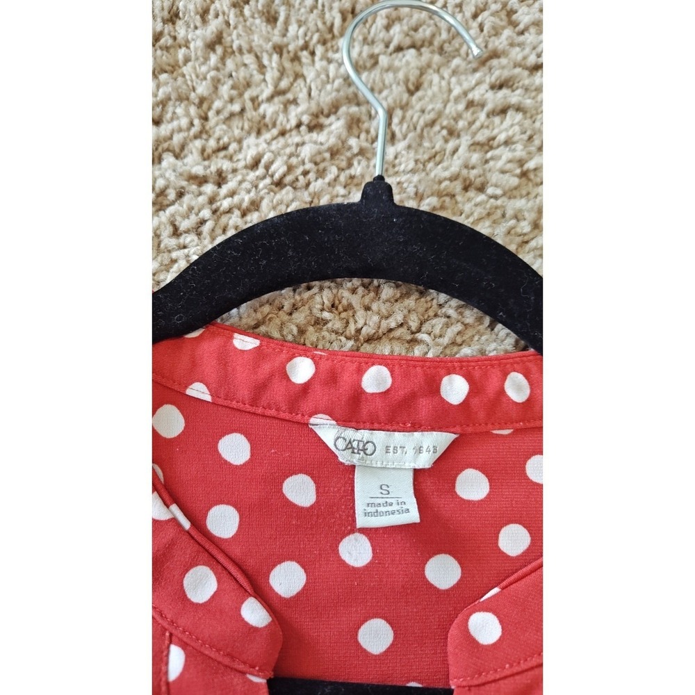 Cato Women Blouse Small Red White Polka Dot Split-Neck Tunic Top Y2K Tab Sleeves - Picture 8 of 12